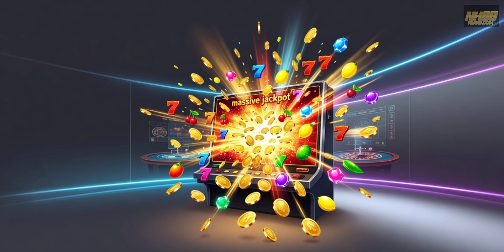 Hình minh họa khái niệm nổ hũ nh88 với biểu tượng jackpot bùng nổ trên nền tảng cá cược.
